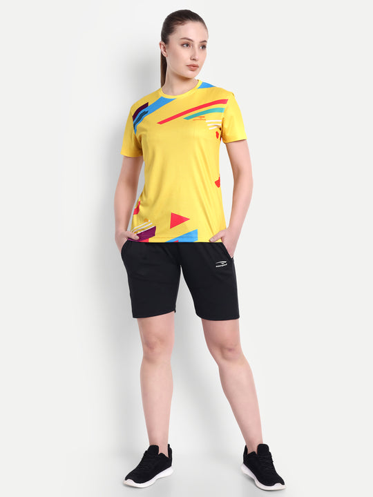 YELLOW PRINTED BADMINTON T-SHIRT - WOMEN