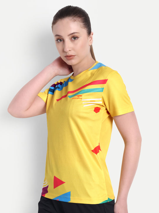 YELLOW PRINTED BADMINTON T-SHIRT - WOMEN