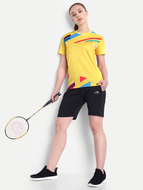 YELLOW PRINTED BADMINTON T-SHIRT - WOMEN